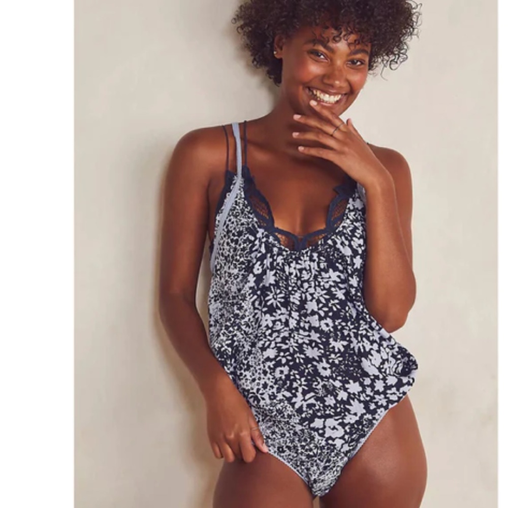 Free People Intimately Be Kind Bodysuit Top Crisscross Floral Flower Large Blu - Picture 1 of 5